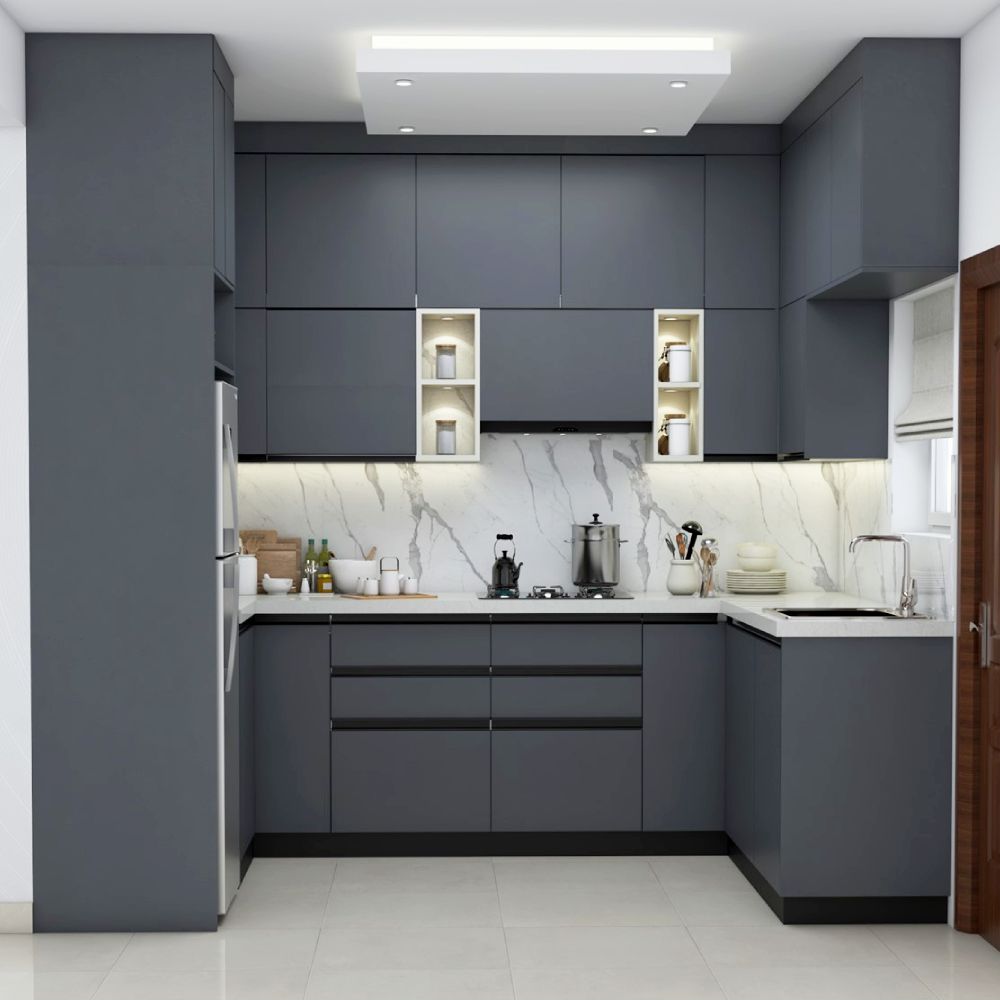 Modern Grey U-Shaped Modular Kitchen Design With White Marble Backsplash