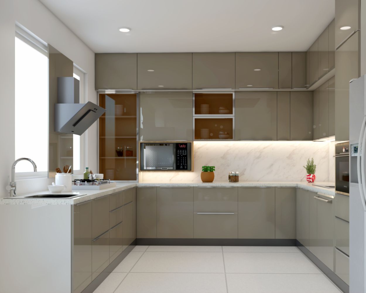 Contemporary Modular Beige U-Shaped Kitchen Design With Glossy Finish