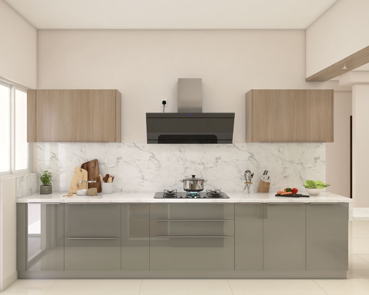 Modern Modular Grey And Wood Parallel Kitchen Design