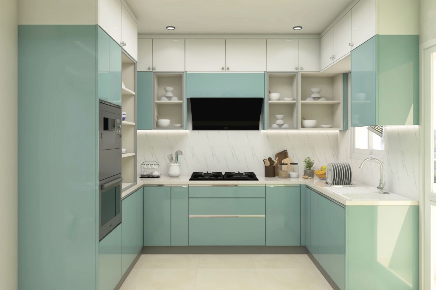 Modern Celestial Blue U-Shaped Modular Kitchen Design With White Loft Storage