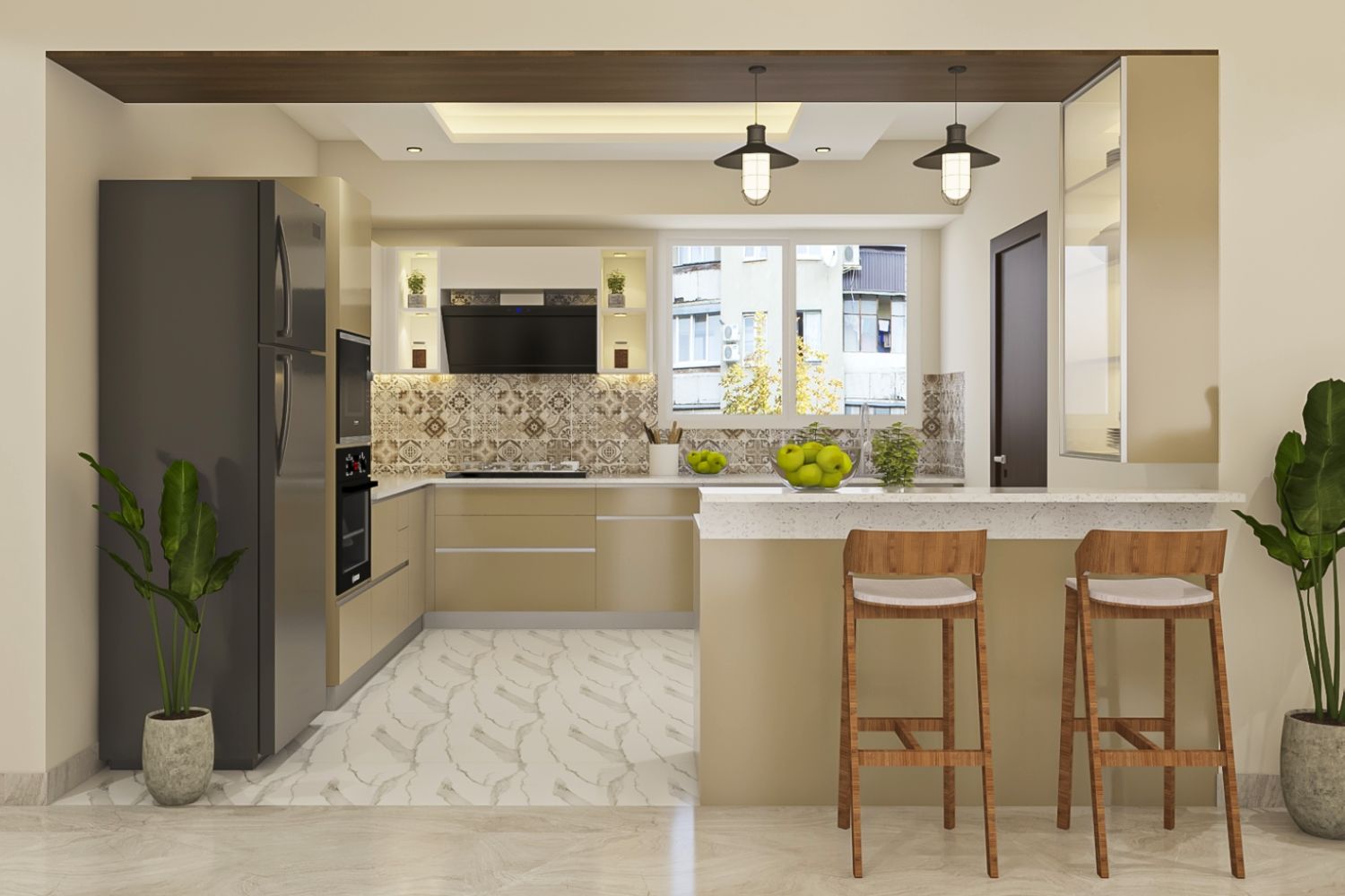 Modern Modular Open Kitchen Design With Irish Cream And White Kitchen Cabinets