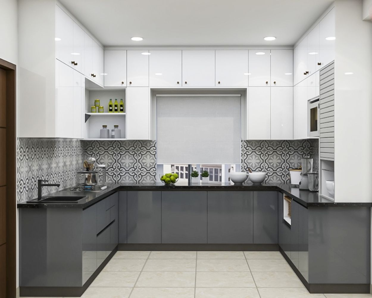 Modern Modular U-Shaped Kitchen Design With White And Grey Kitchen Cabinets