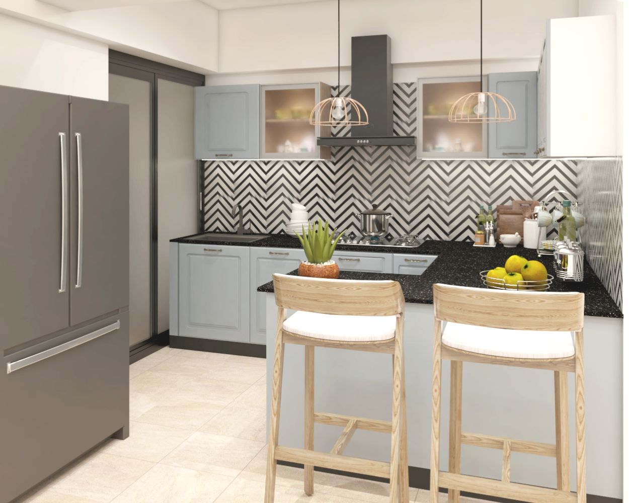 Modular Modern Open Kitchen Design With Blue Kitchen Cabinets And White-Black Backsplash