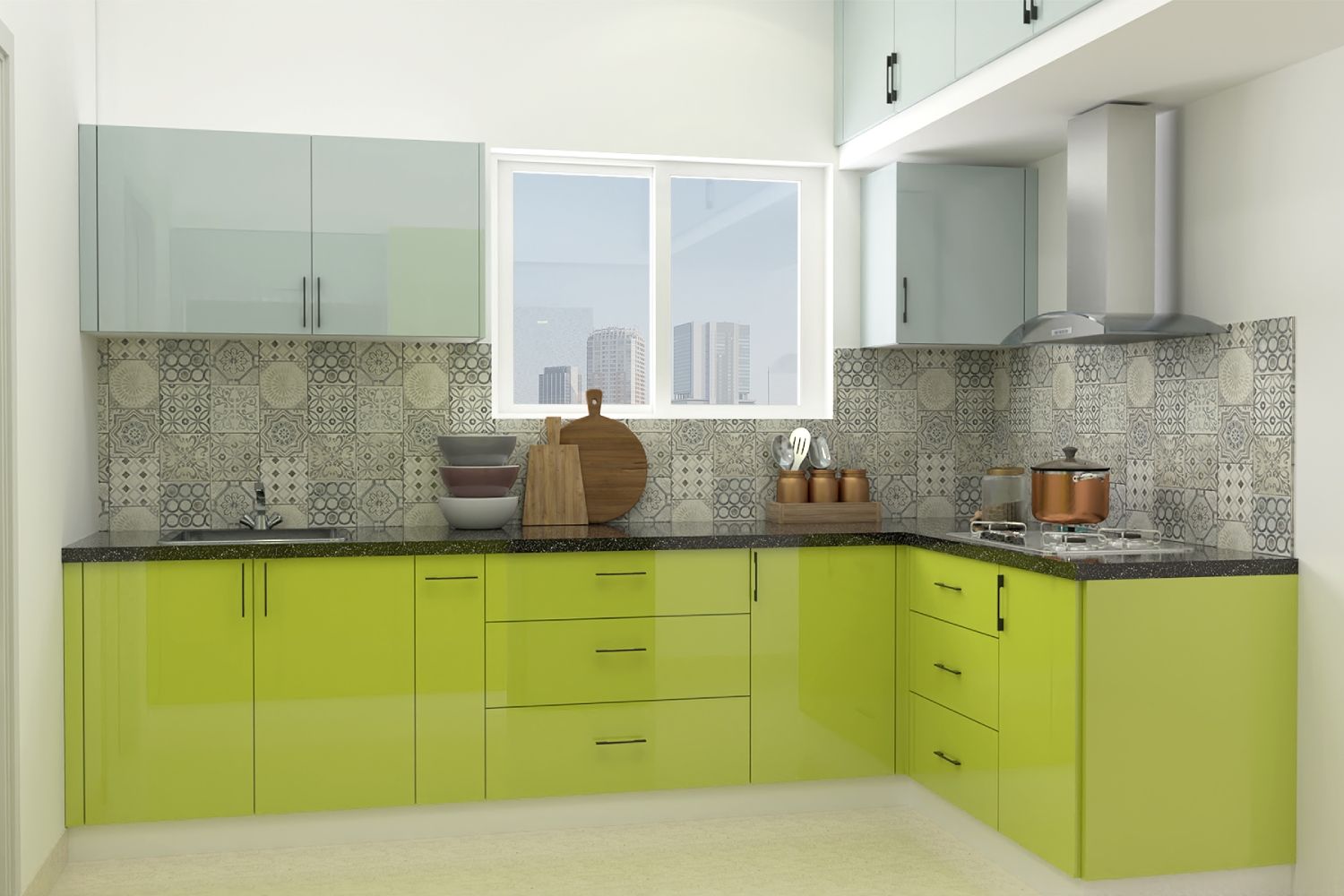 Modern Eclectic L Shape Lime And Silver Frost Modular Kitchen Design