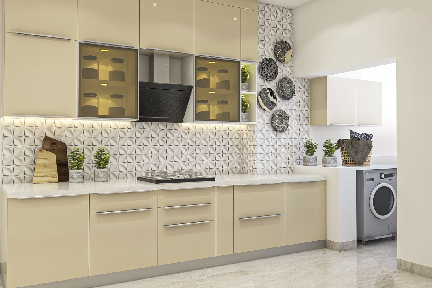 Modern Modular Parallel Kitchen Cabinet Design With 3D Dado Tiles And Light Yellow Cabinets