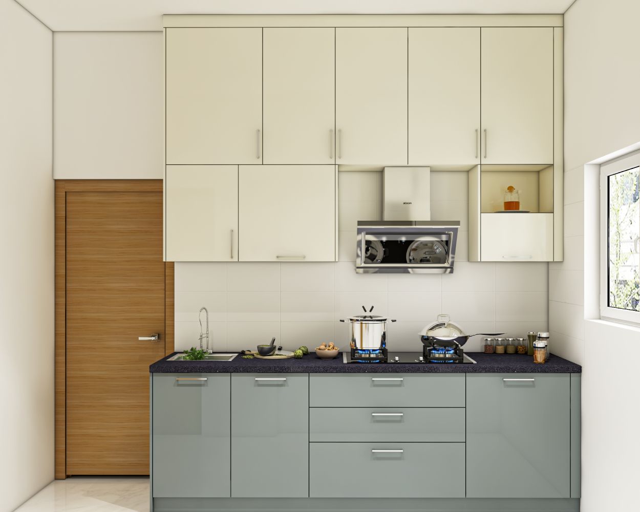 Minimal Silver Frost And Champagne Toned Modular Parallel Kitchen Design