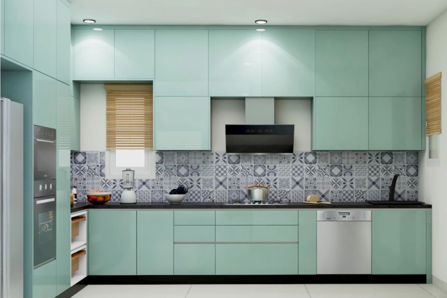 Modern Modular L Shape Kitchen Design With Aqua Green Cabinets And Moroccan Dado Tiles