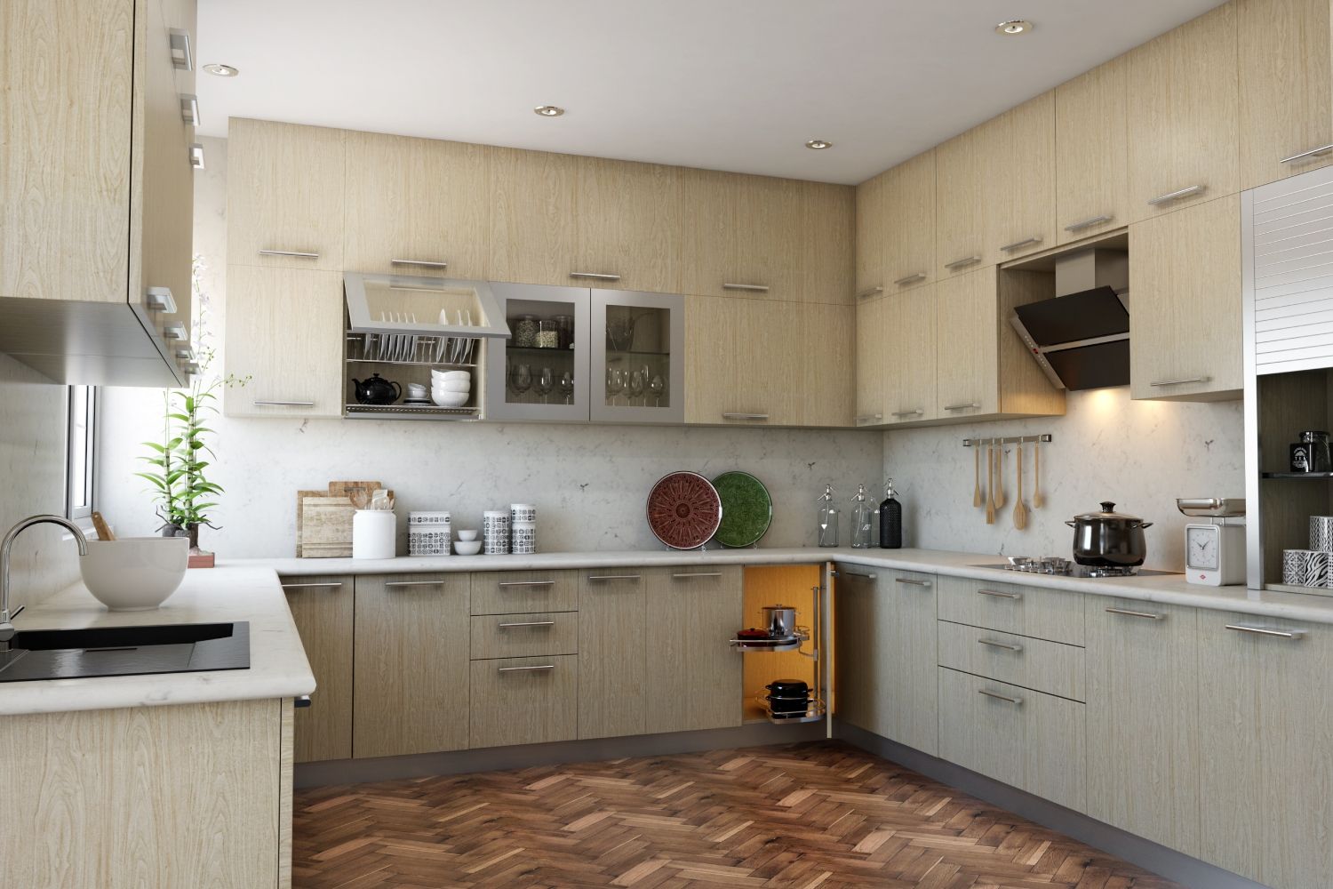 Modern Light Wood U-Shaped Kitchen Design With Marble Backsplash