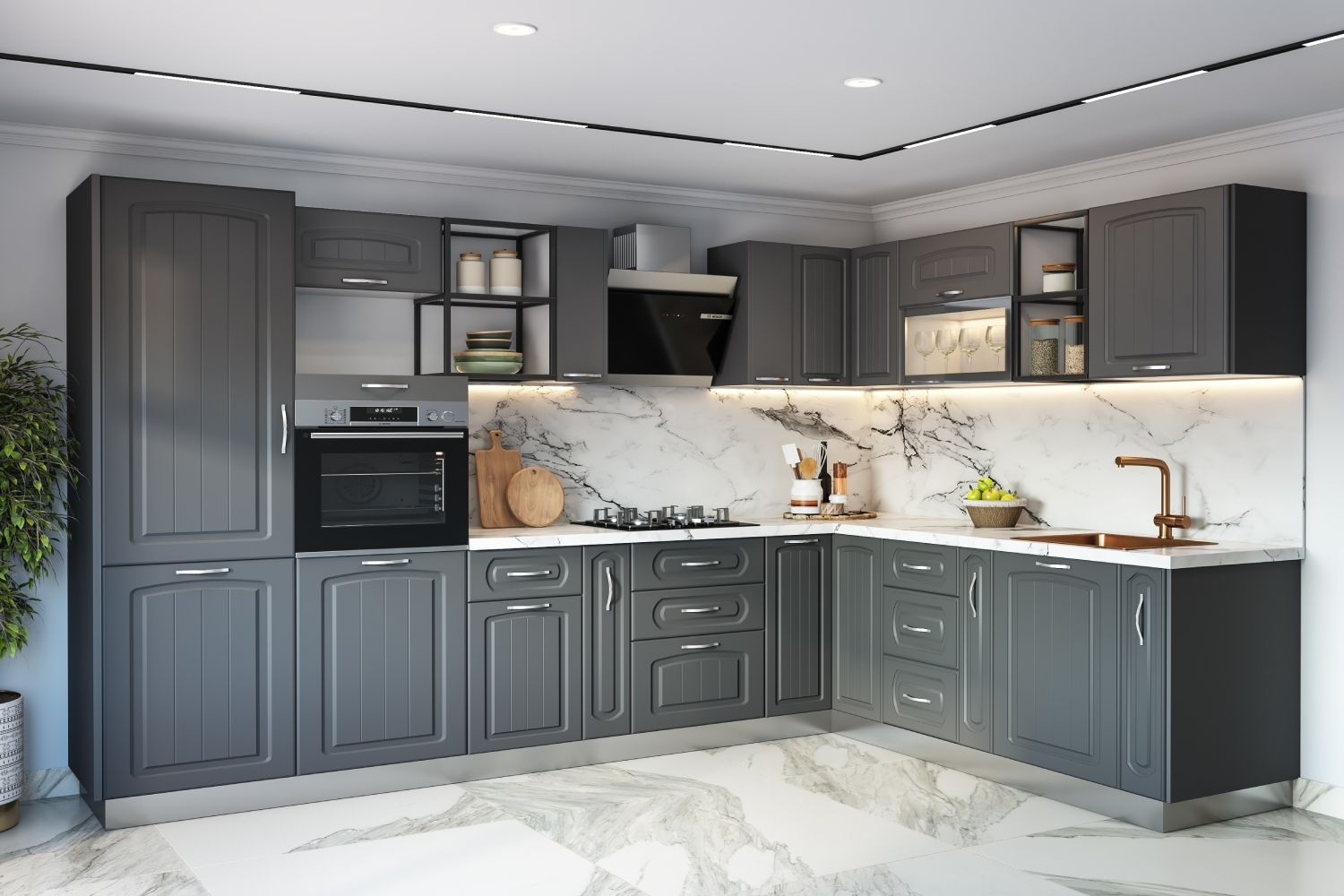 Classic Dove Grey Modular L-Shape Kitchen Design With Marble Backsplash