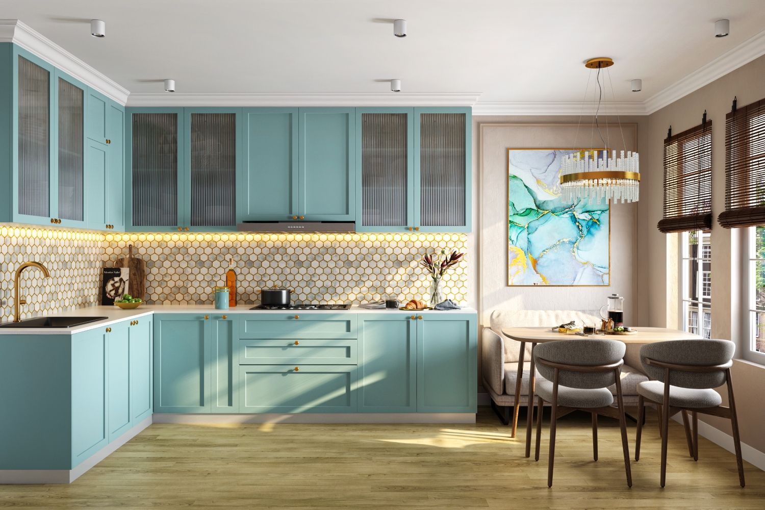 Contemporary Modular Blue Kitchen Cabinet Design With Hexagonal Dado Kitchen Tile Patterns