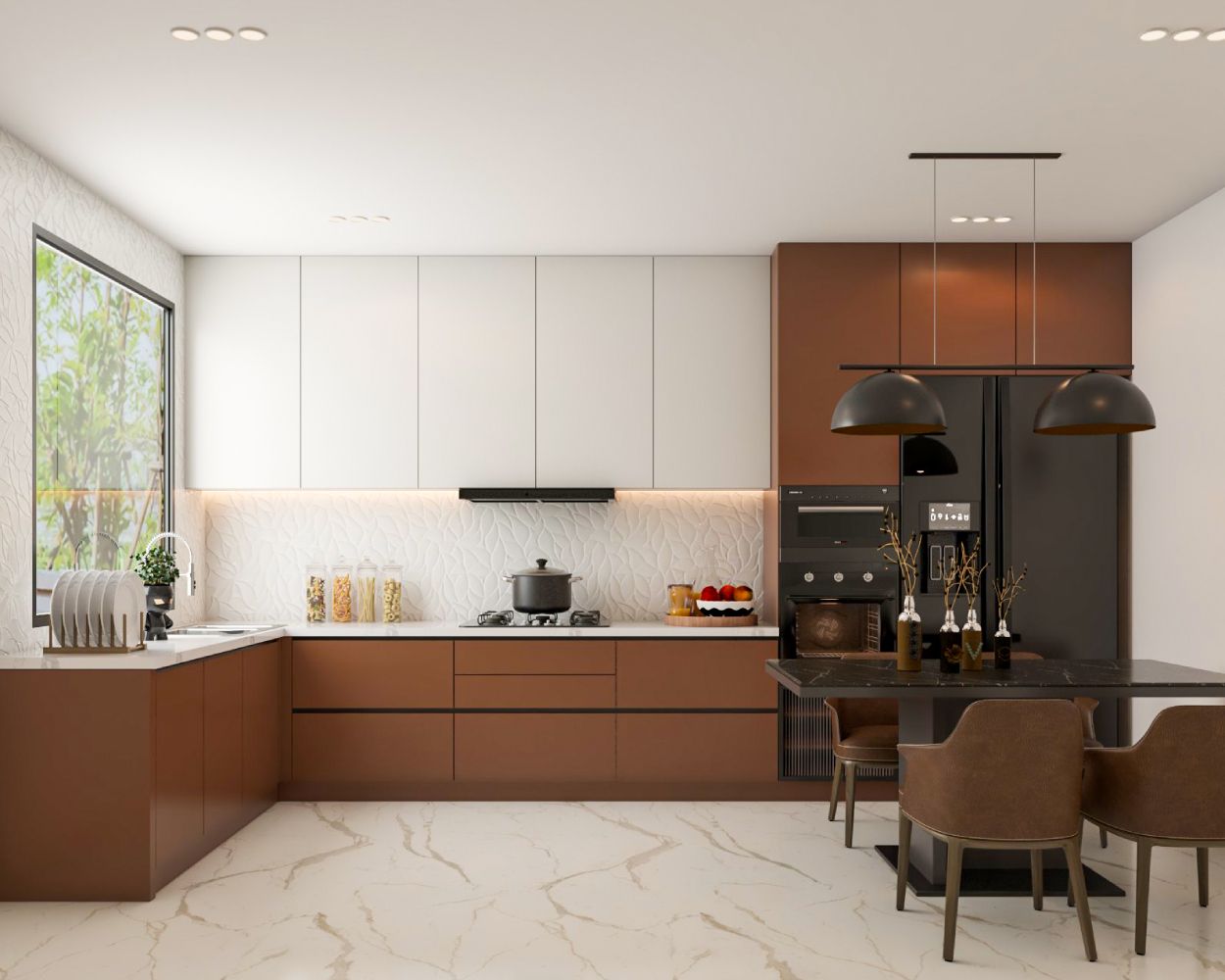 Contemporary Regalia L-Shape Kitchen Design With Brown And White Cabinets