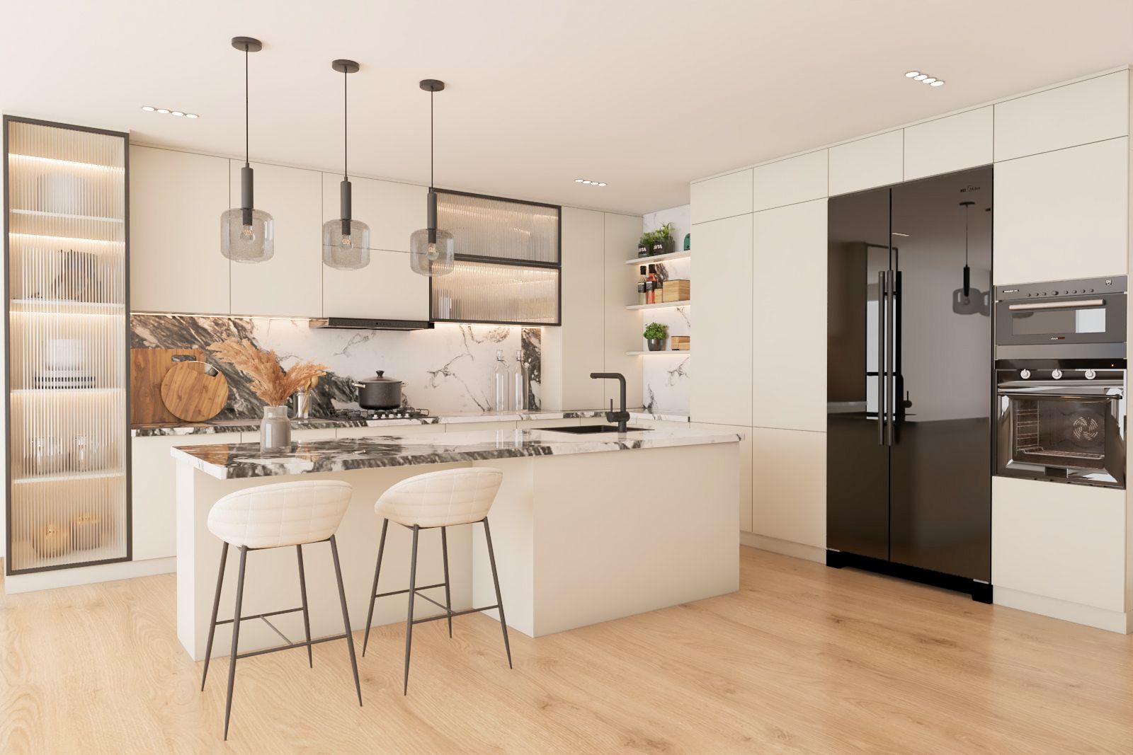 Modern White Modular Island Kitchen Design With Marble Kitchen Countertop