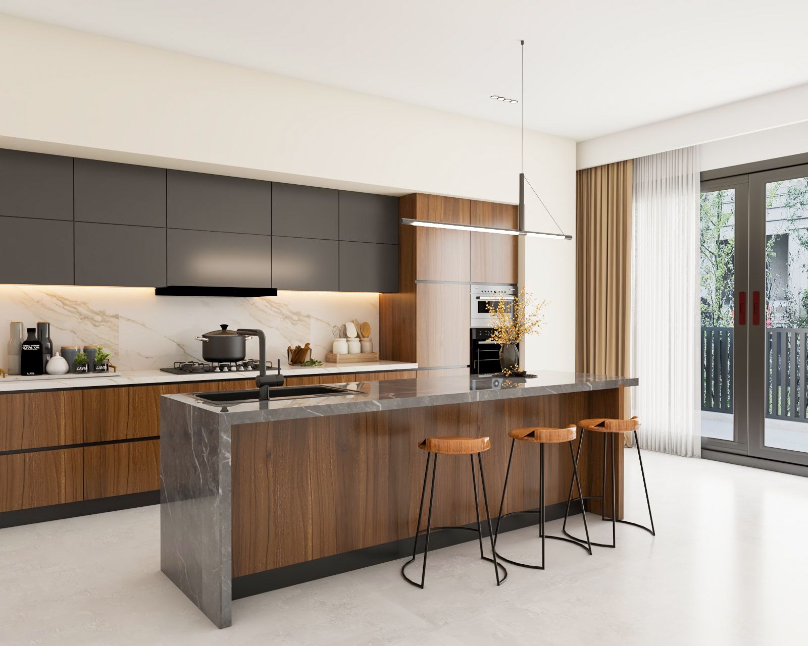 Industrial Regalia Dark Grey And Wood Modular Island Kitchen Design With Marble Countertop