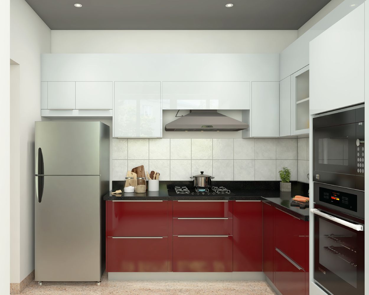 Modern Modular Red And White L Shape Kitchen Cabinet Design With Glossy Cabinets