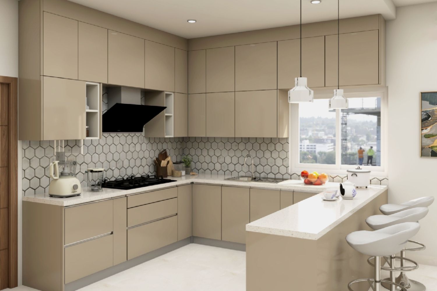 Modern Modular Open Kitchen Cabinet Design With Irish Cream Cabinets And Hexagonal Dado Tiles