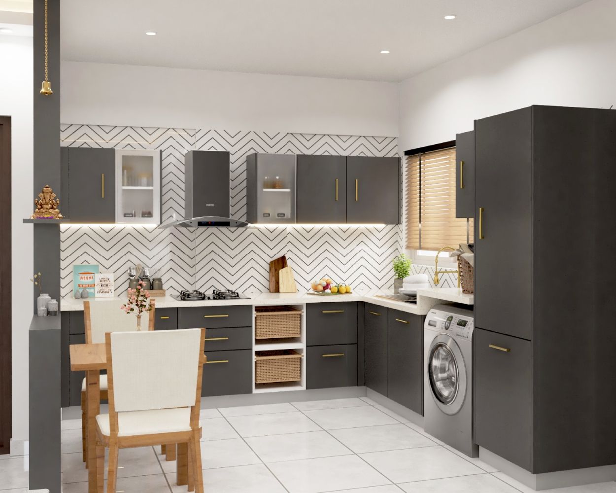 Modern Modular Grey L-Shape Kitchen Design With Black And White Chevron Backsplash