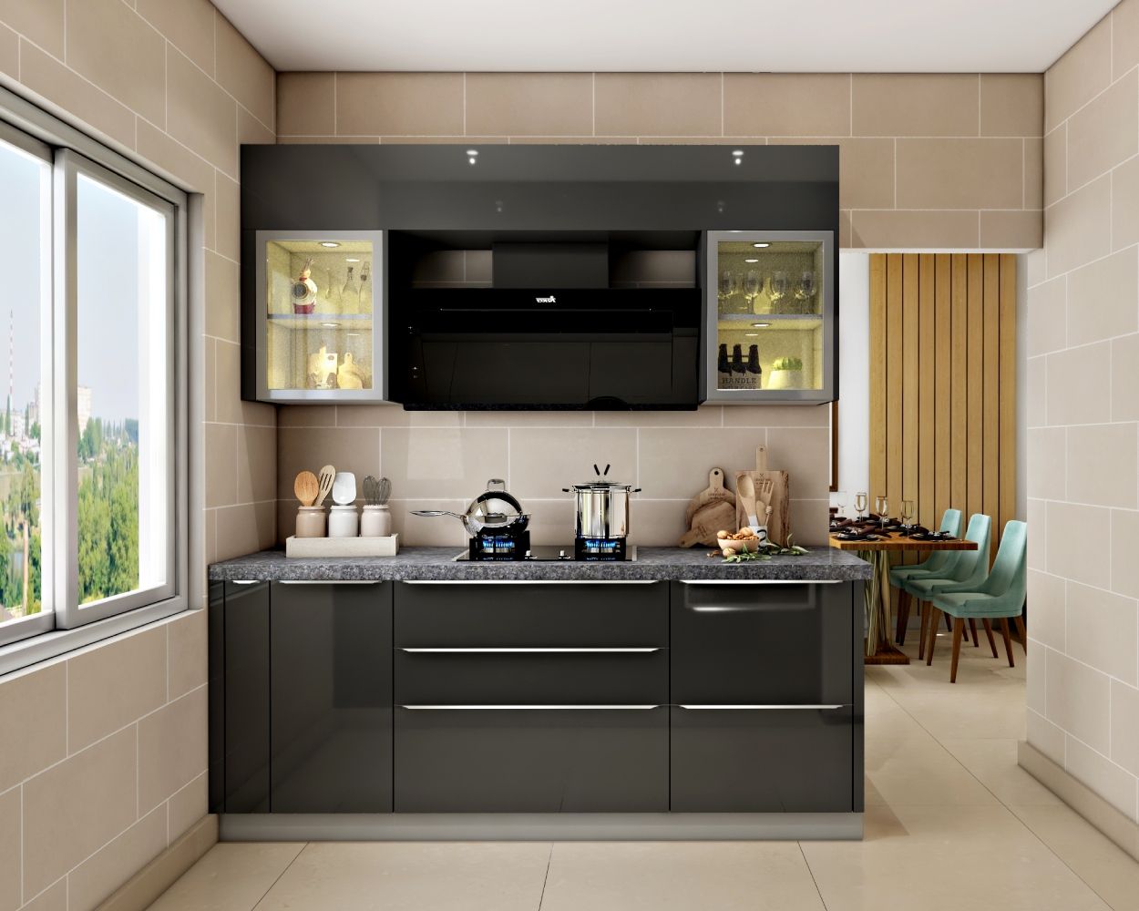 Contemporary Modular Slate Grey Parallel Kitchen Design With Beige Subway Wall iles