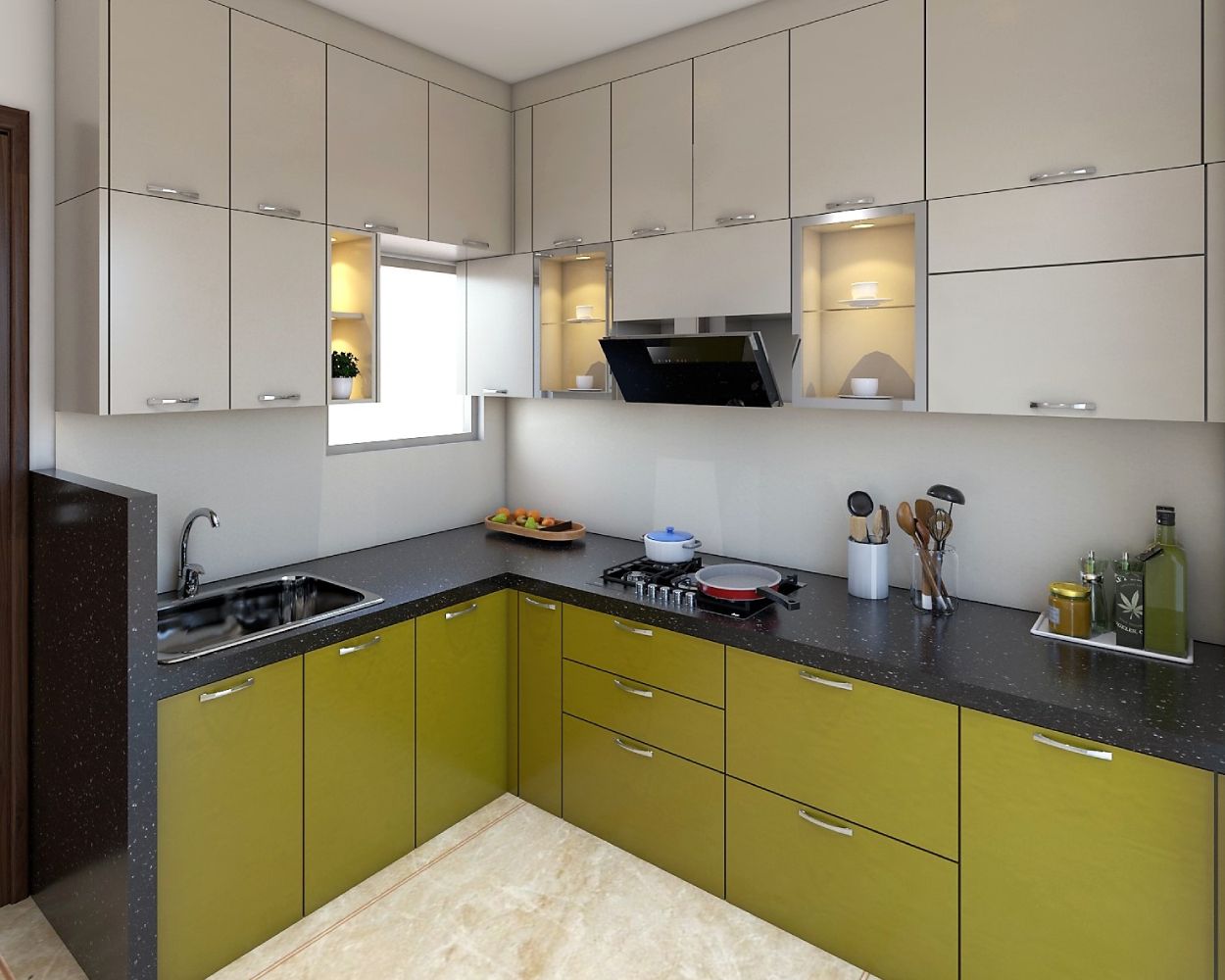 Modern Modular Beige And Green L-Shape Kitchen Design With Black Kitchen Countertop