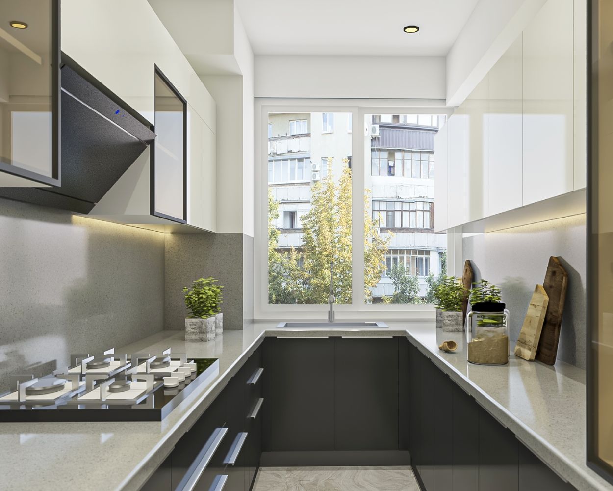 Modern Modular U-Shaped White And Dark Grey Kitchen Design With Light Grey Quartz Kitchen Countertop