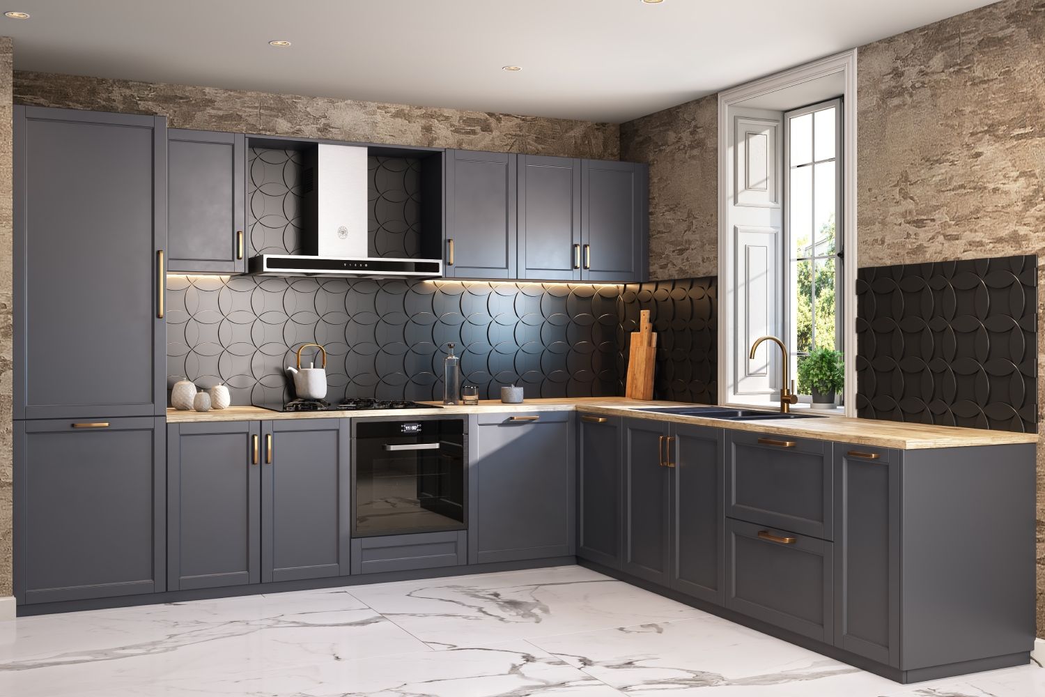 Eclectic River Stone Modular L Shaped Kitchen Cabinet Design With Black Dado Tiles