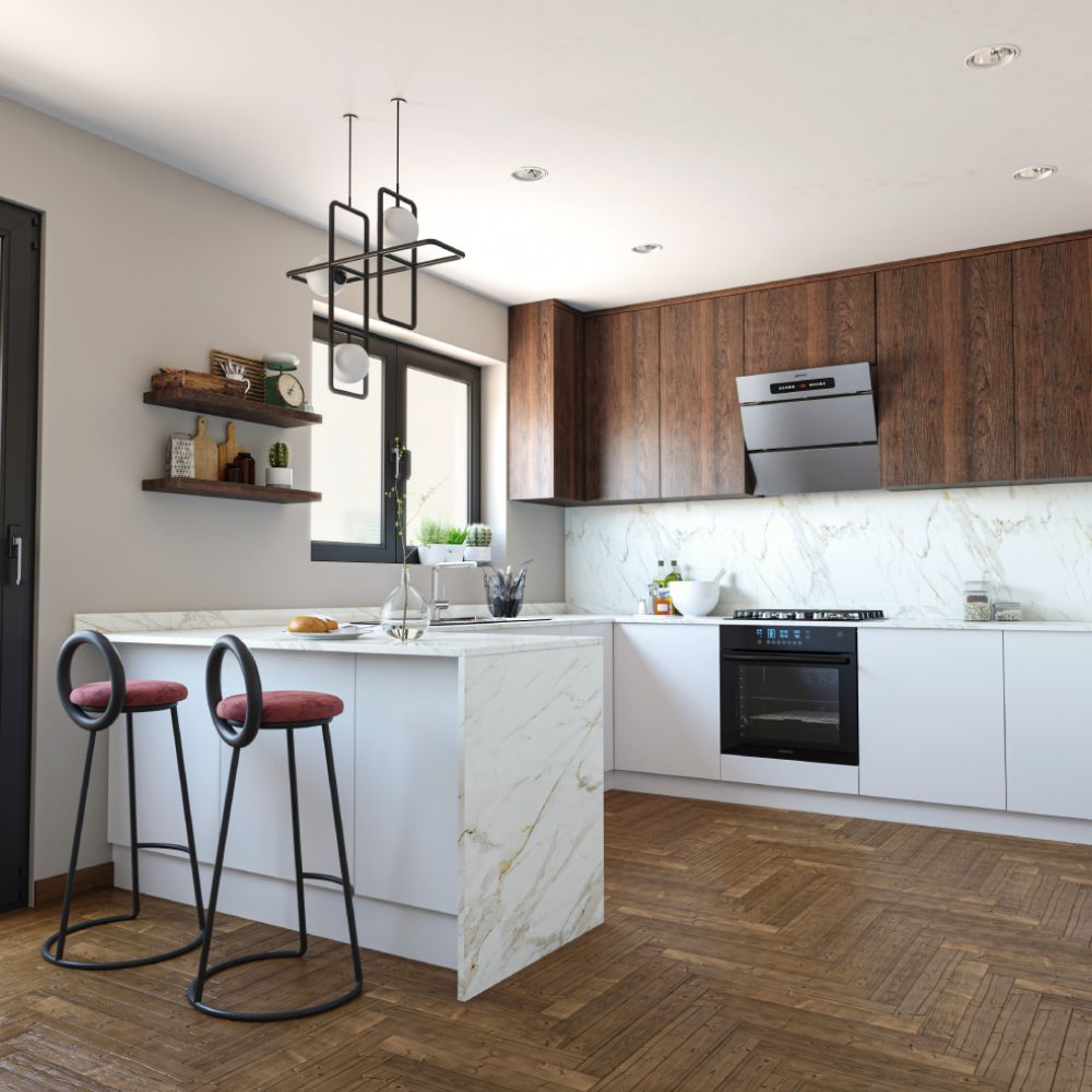 Industrial White And Dark Wood Open Modular Kitchen Design With Marble Breakfast Counter