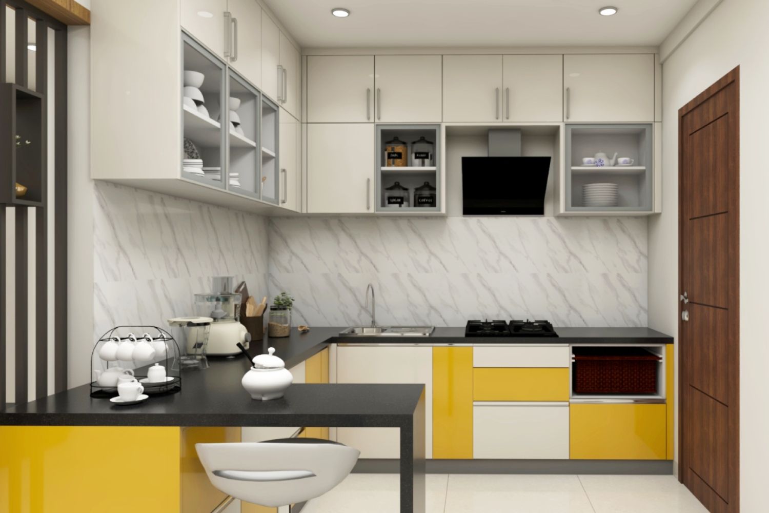 Modern Modular Open Kitchen Design With Champagne Toned And Marigold Yellow Kitchen Cabinets