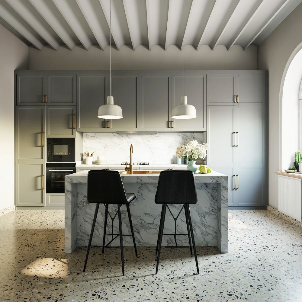 Classic Light Grey Modular Island Kitchen Design With Cabinet Storage
