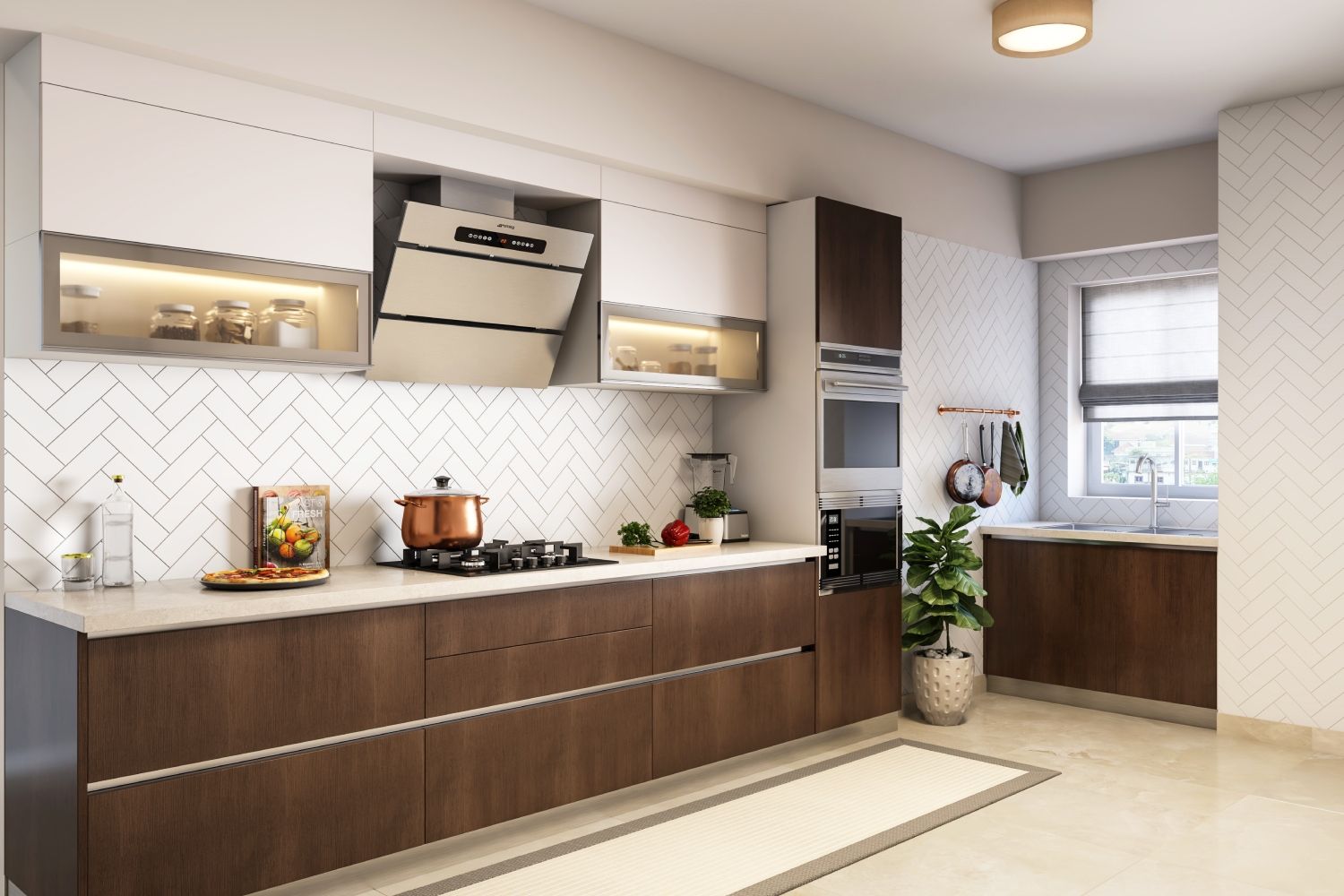 Modern Amati And Frosty White Modular Kitchen Cabinet Design With Herringbone Dado Tiles