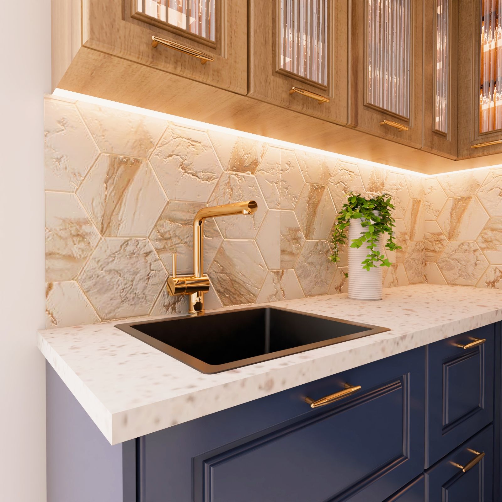 Rectangular undermount quartz basin wash with brass fittings and blue kitchen cabinets - Livspace