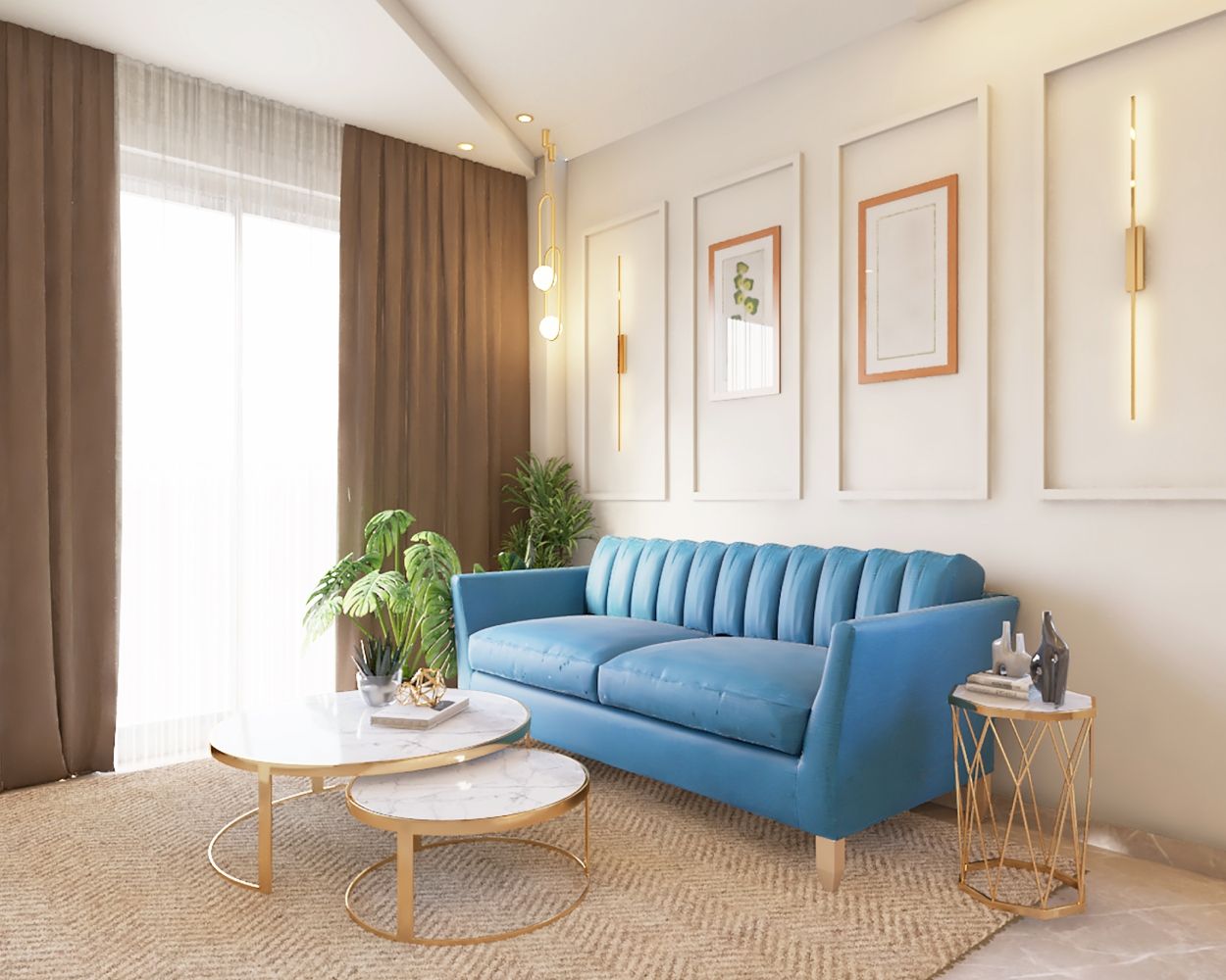 Contemporary Living Room Design With Bright Blue Track Arm Sofa