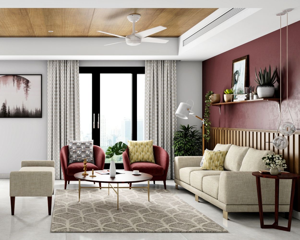 Bohemian Maroon And Beige Living Room Design With Round Wooden Coffee Table