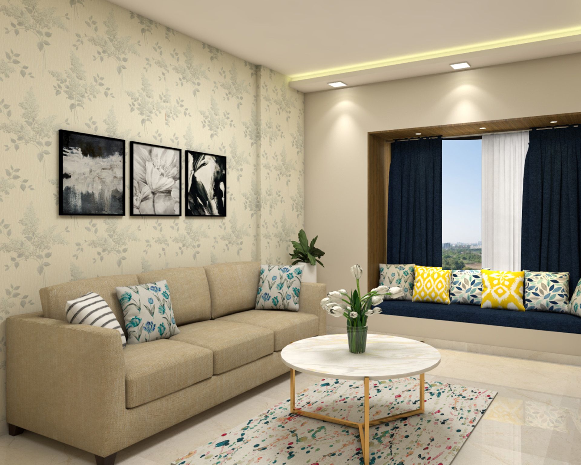 Contemporary Living Room Design With Beige-Blue Seaters And Beige Leafy Wallpaper