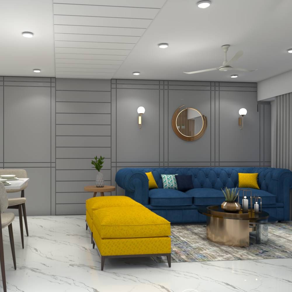 Contemporary Dark Blue And Yellow Living Room Design With Grey Accent Wall