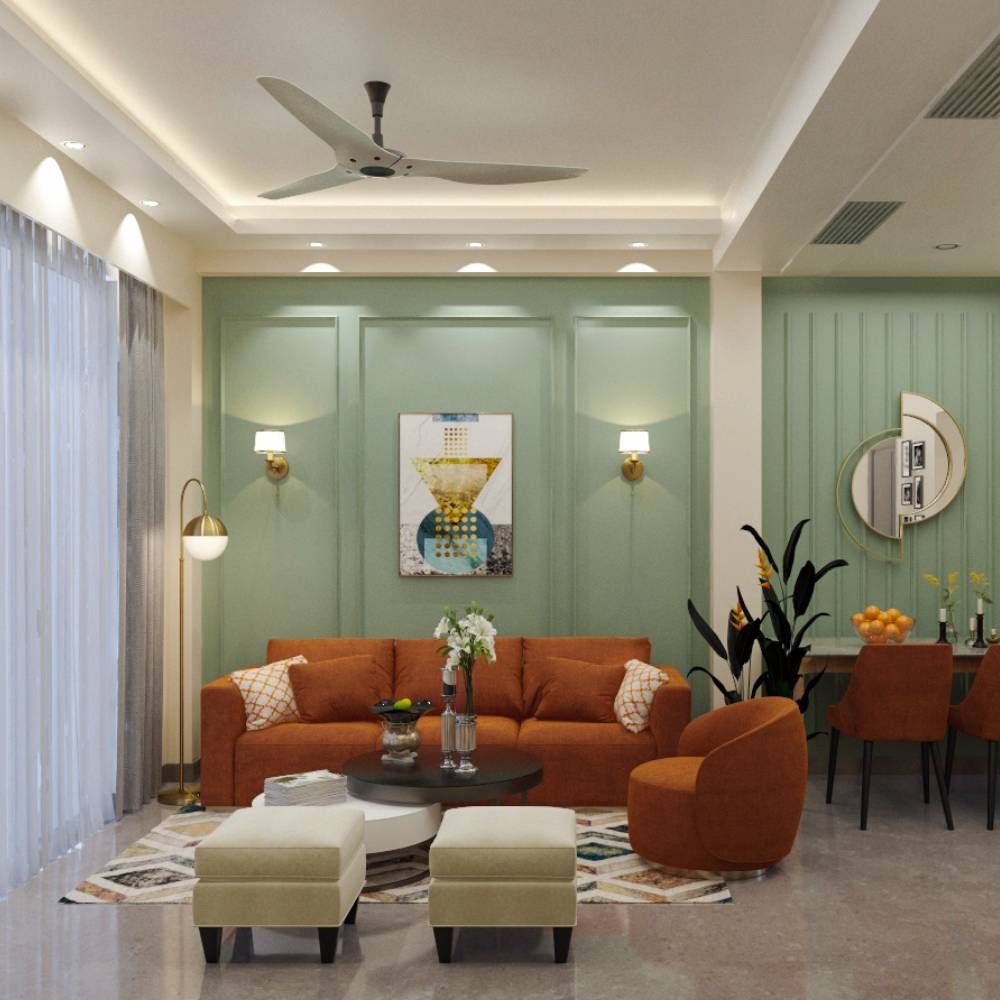 Contemporary Living Room Design With Orange Sofa And Mint Green Accent Wall