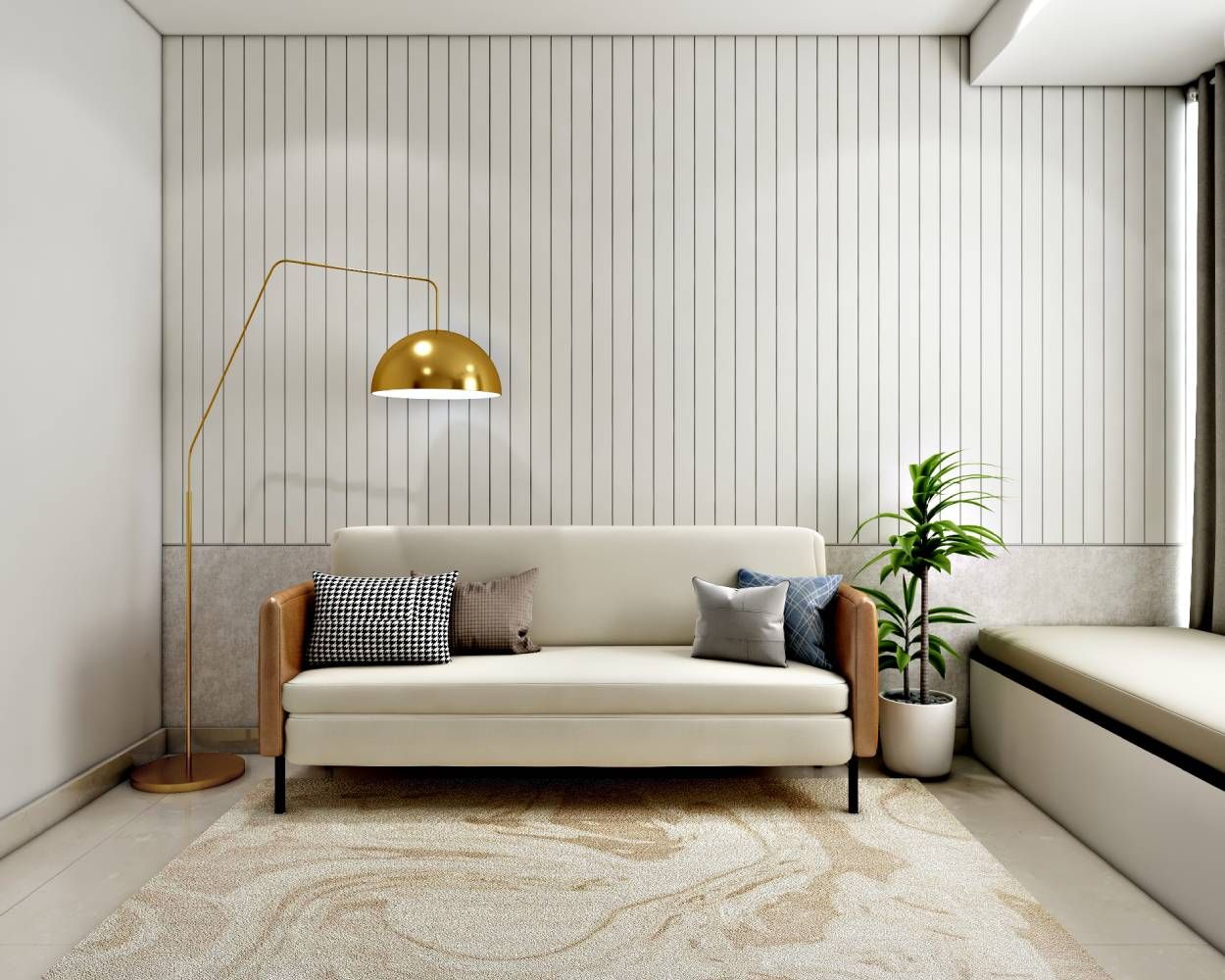 Minimal Living Room Design WIth 2-Seater Off-White Sofa And Bay Seater