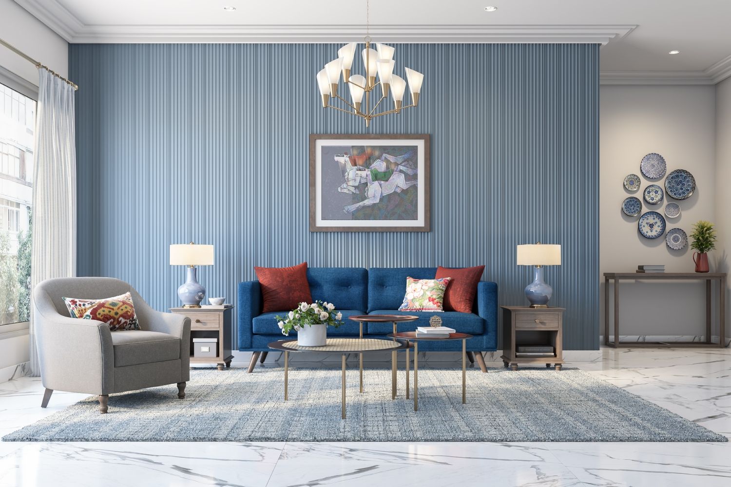 Mid-Century Modern Living Room Design With Blue Accent Wall And Grooves