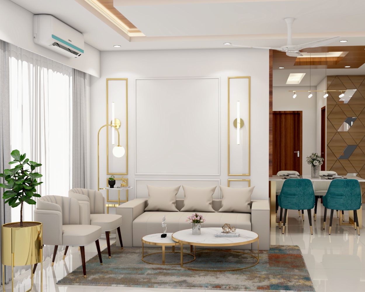 Contemporary Living Room Design With White And Gold Wall Trims