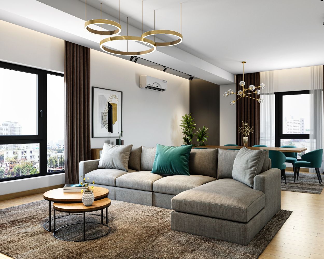 Modern Living Room Design With Grey L Shaped Sectional Sofa And Integrated 8-Seater Dining Table