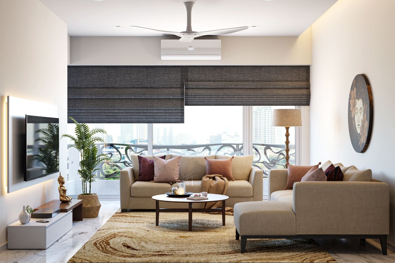 Modern Beige And Grey Living Room Design With Large Beige Floor Rug
