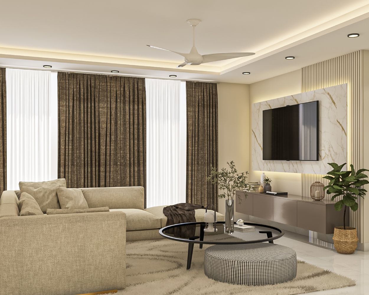 Spacious Living Room Design With Beige L Shaped Section And TV Unit ...