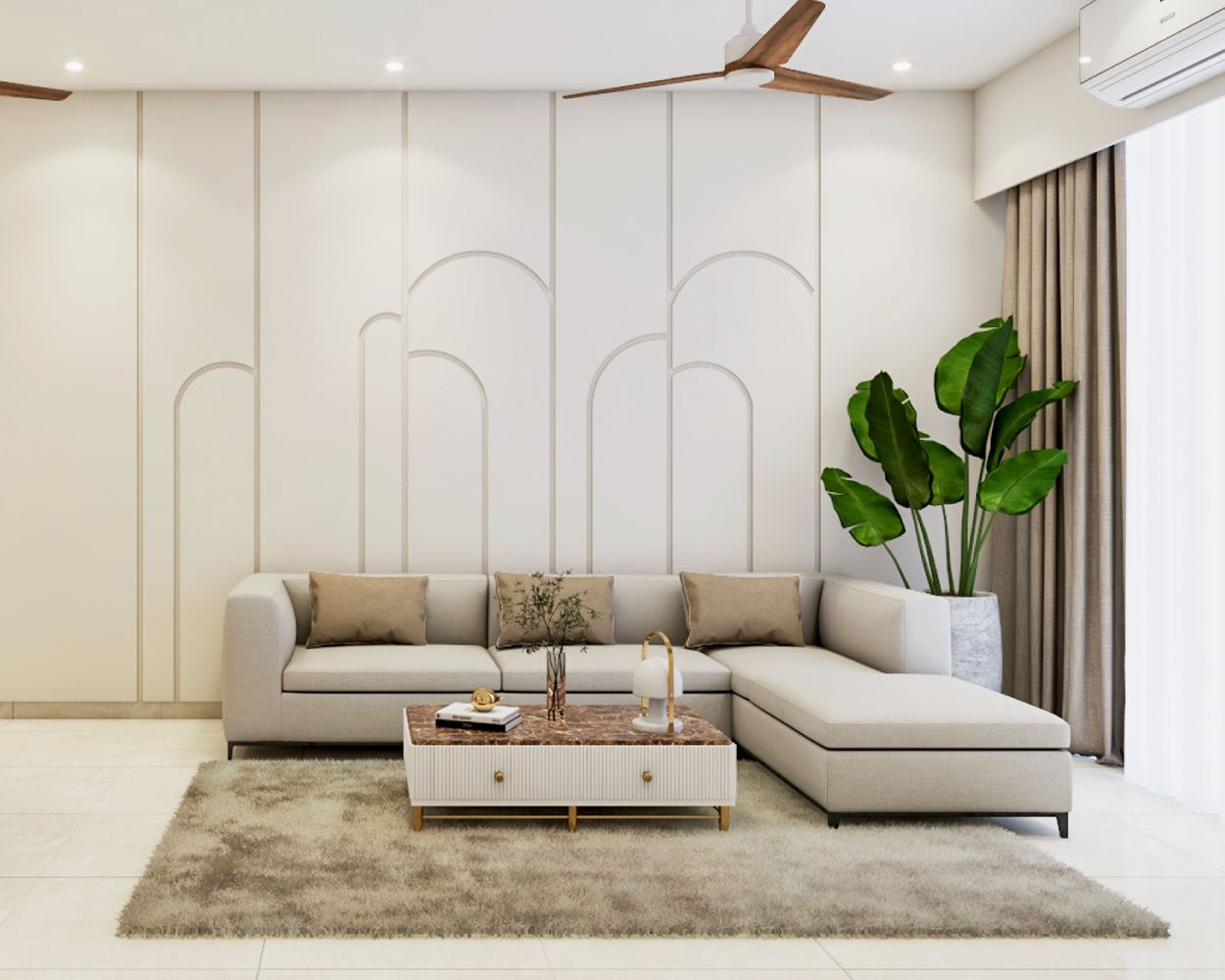 Contemporary Living Room Design With Beige L-Shaped Sectional And Wall Design With Arched Grooves