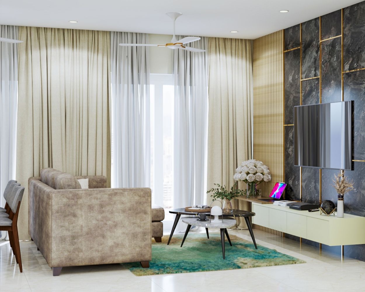 Contemporary Beige Living Room Design With Wall-Mounted White And Black TV Unit And Gold Panelling