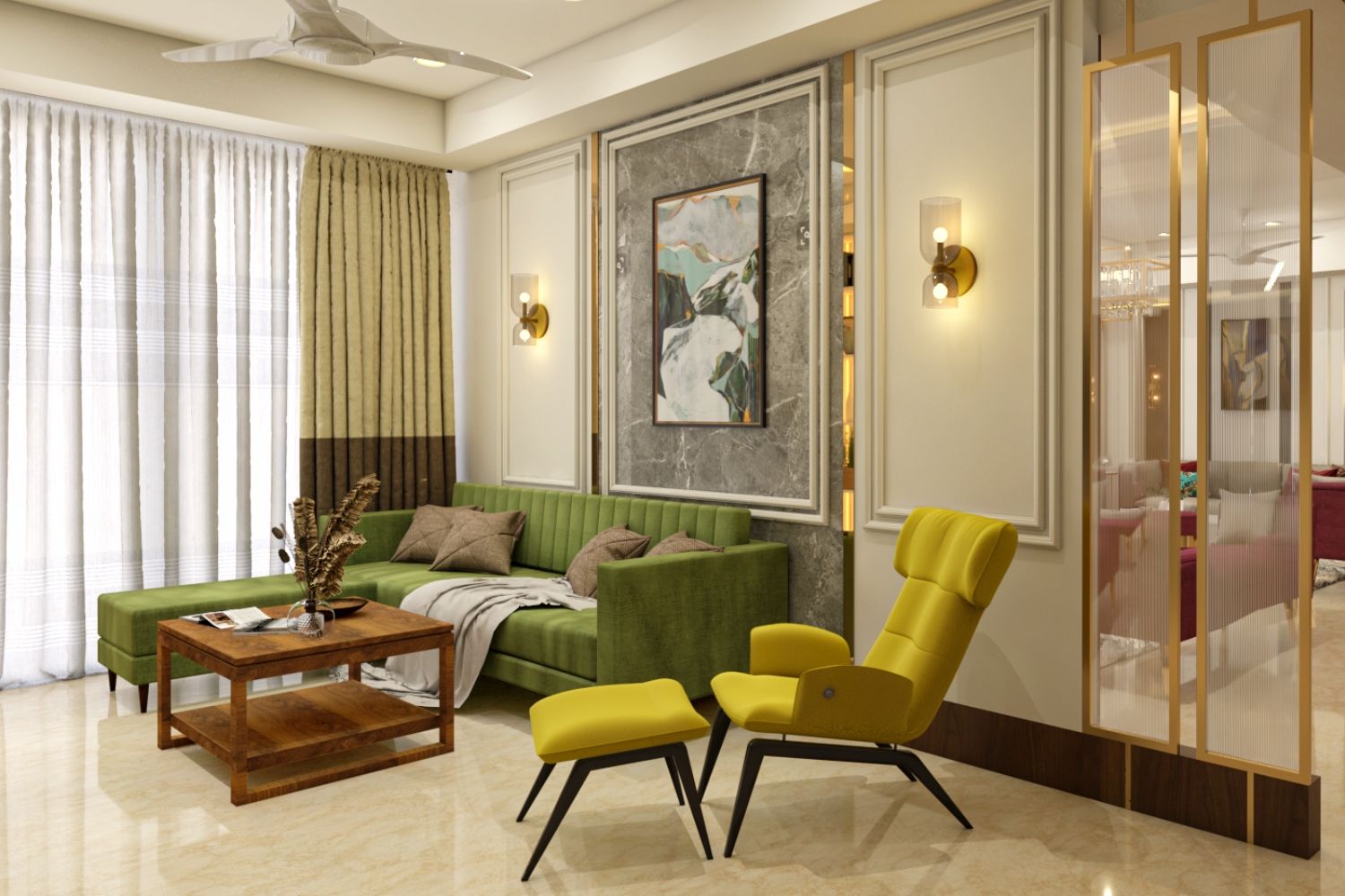Contemporary Living Room Design With Green Sectional Sofa And Yellow Accent Chair