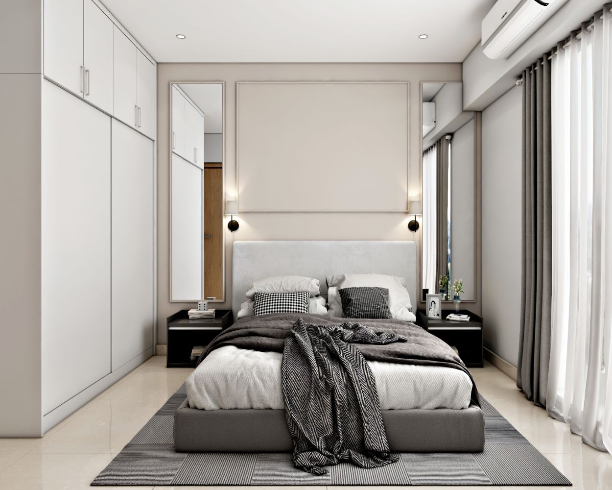 Modern Master Bedroom Design With 2-Door White Sliding Wardrobe