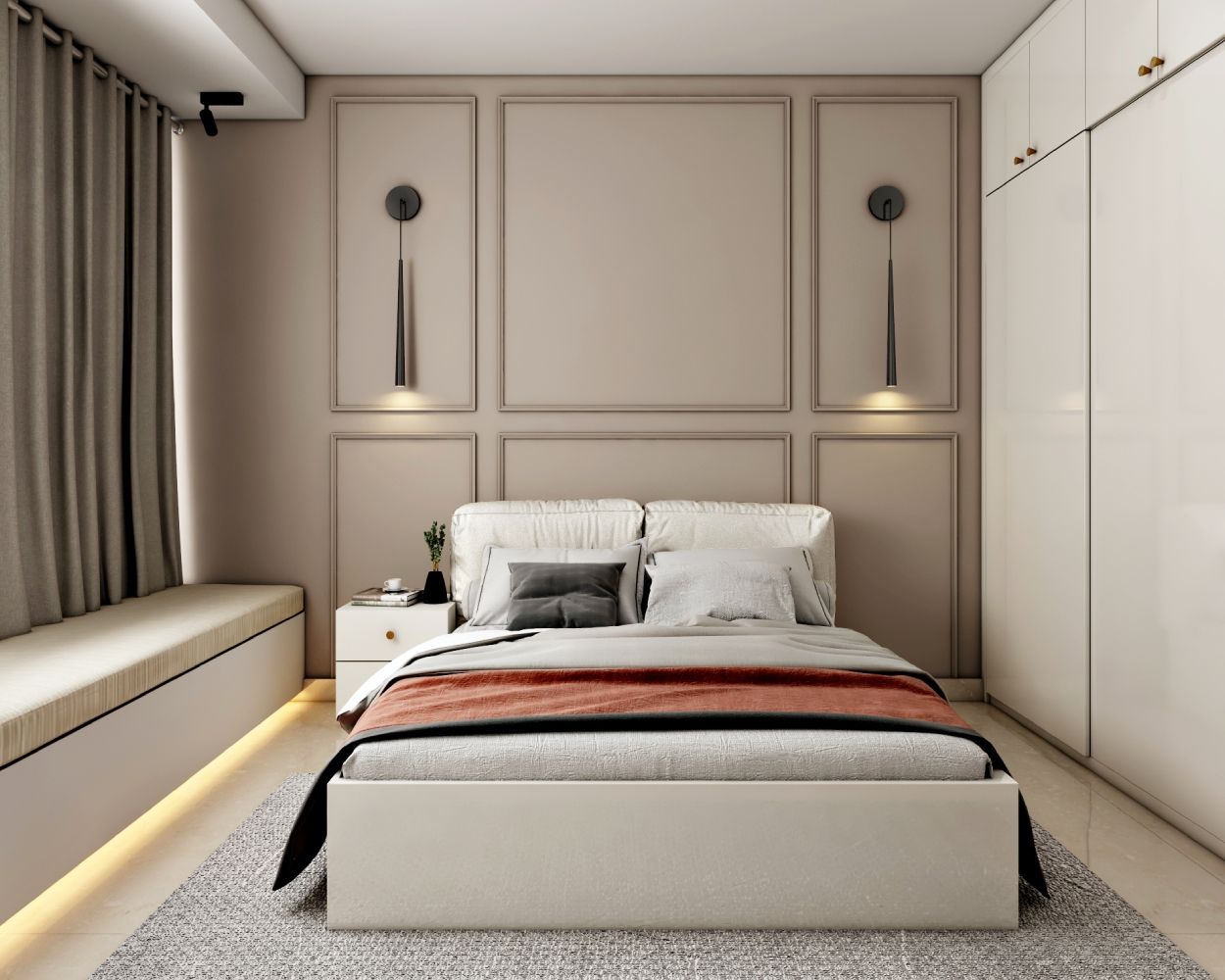 Modern Light Brown Guest Room Design With 2-Door White Sliding Wardrobe