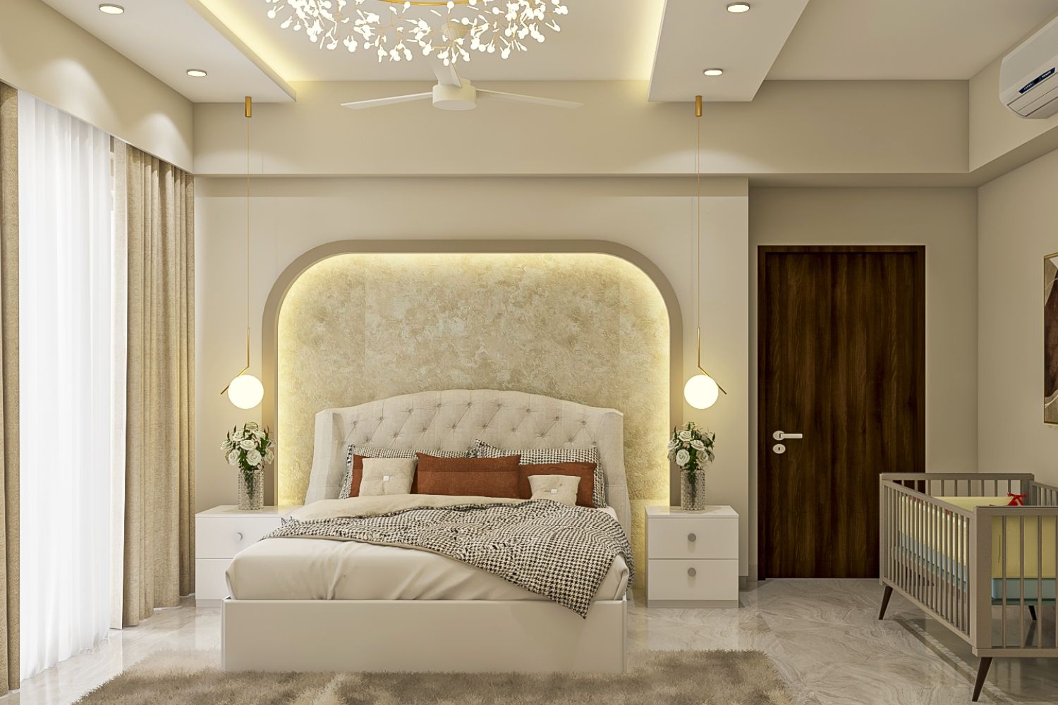 Contemporary Beige Master Bedroom Design With Arched LED Wall Niche And Patterned Wallpaper