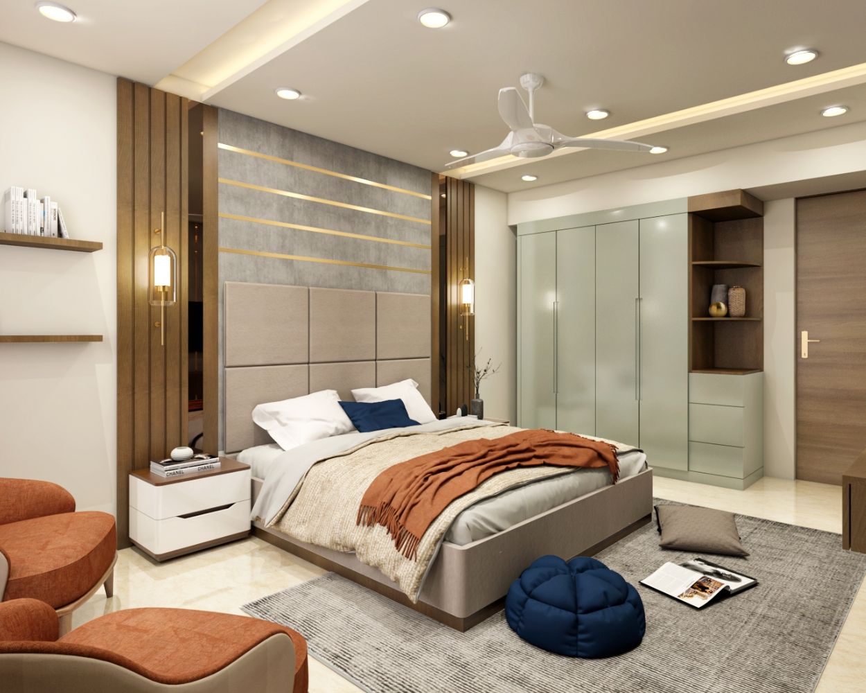 Modern Master Bedroom Design With Beige Panelled Headboard And Grey Swing Wardrobe