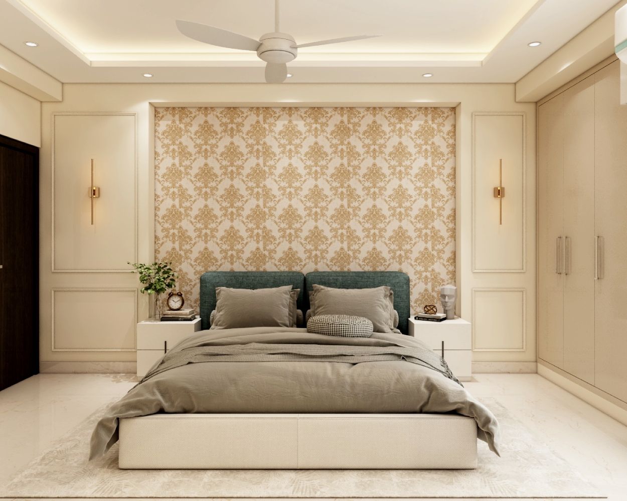 Contemporary Cream And Beige Bedroom Wall Design With Paint And Damask Wallpaper