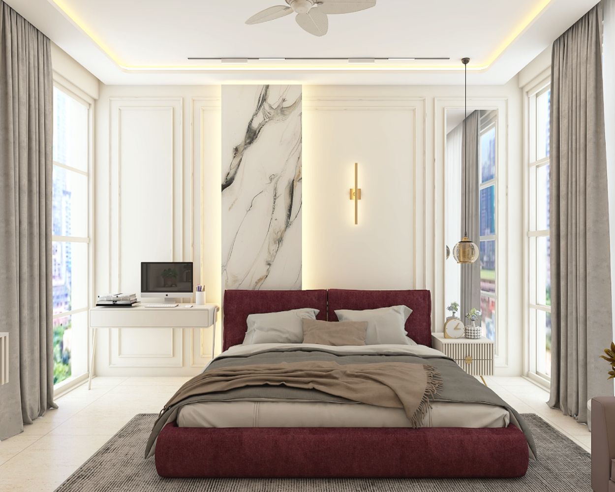 Contemporary White And Maroon Master Bedroom Design With Marble Wall Panel