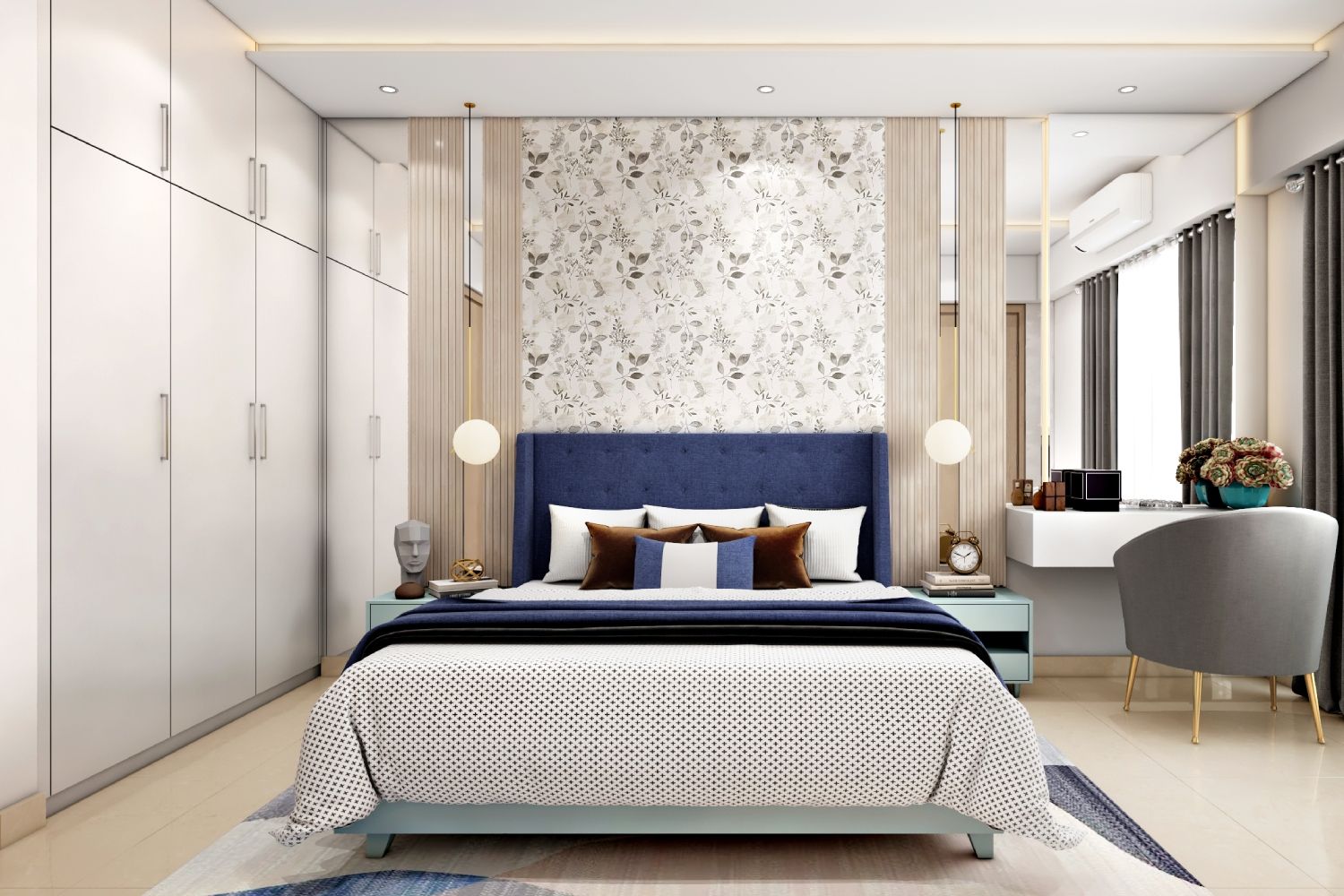 Modern Master Bedroom Design With 3-Door White Swing Wardrobe And Leafy Wallpaper
